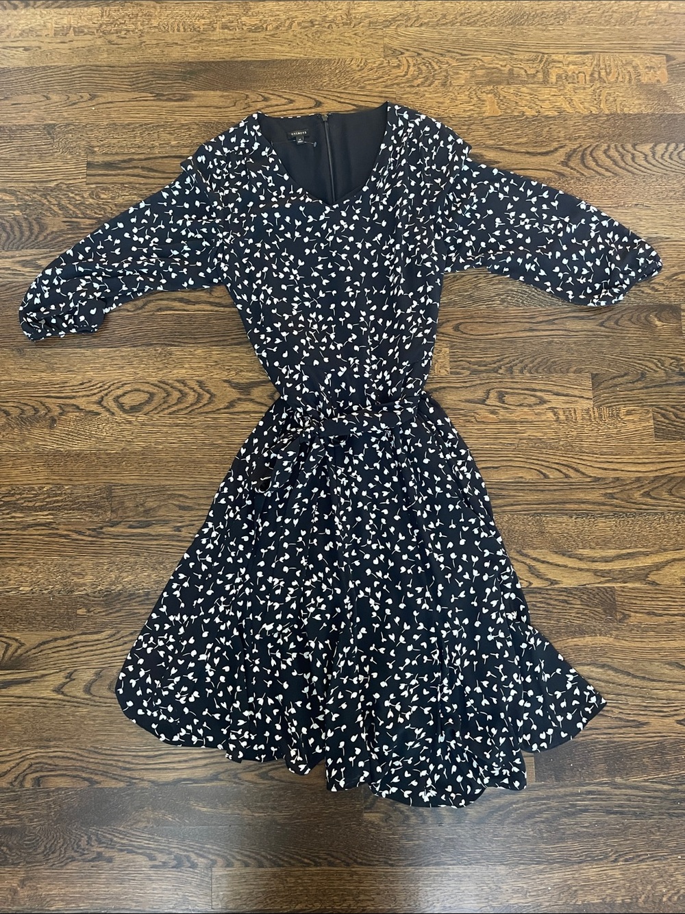 Talbots Black Dress with White Print and Waist Tie